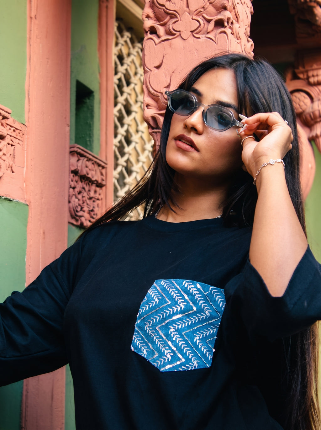 Chevron Sequin Denim Pocket Tee
