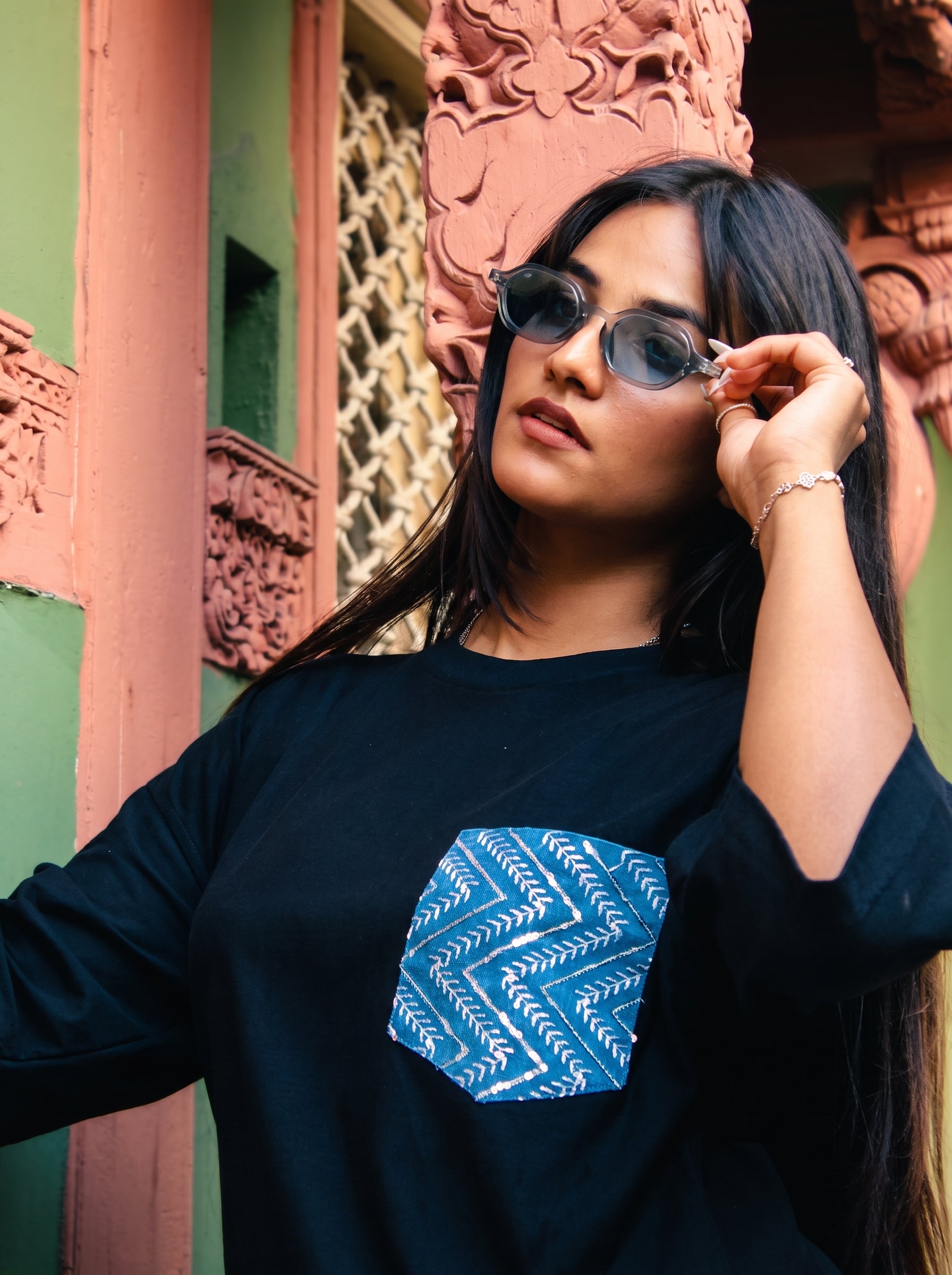 Chevron Sequin Denim Pocket Tee