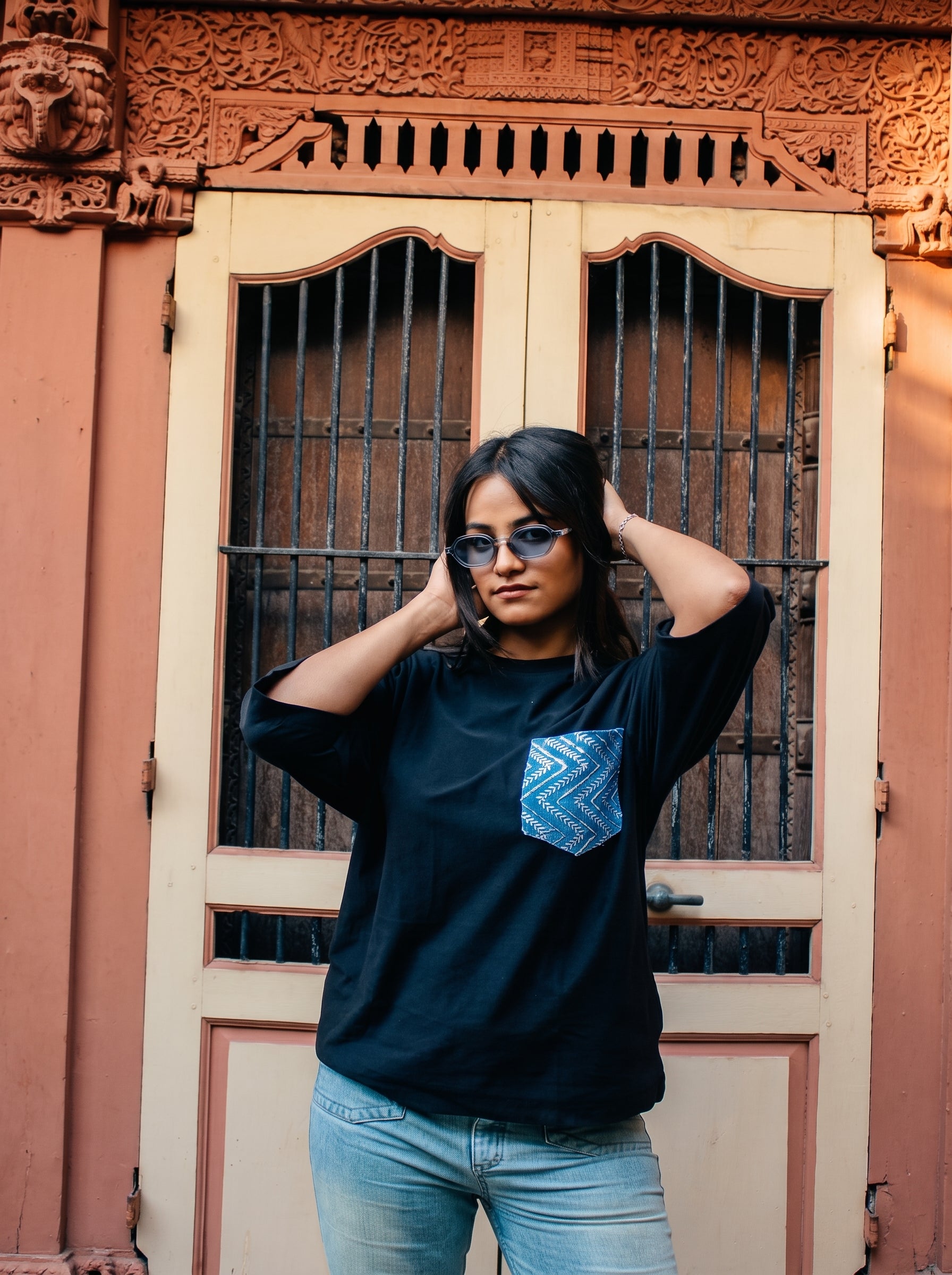 Chevron Sequin Denim Pocket Tee