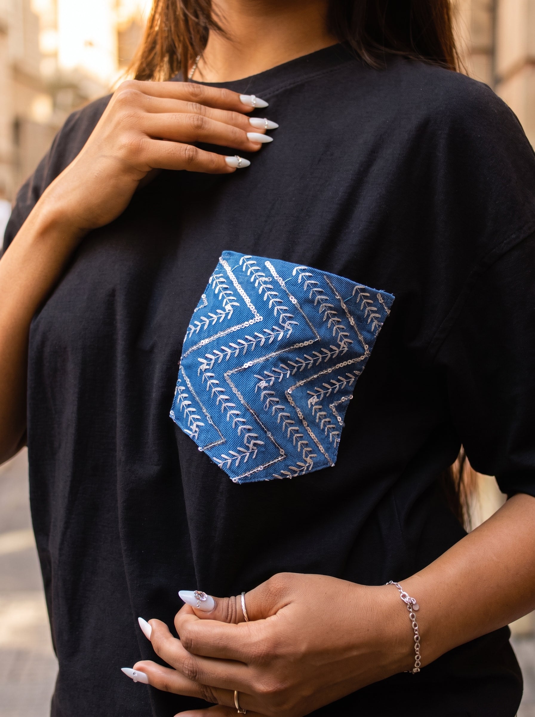 Chevron Sequin Denim Pocket Tee