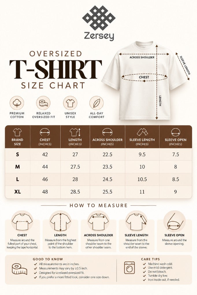 Zersey oversized t-shirt size chart